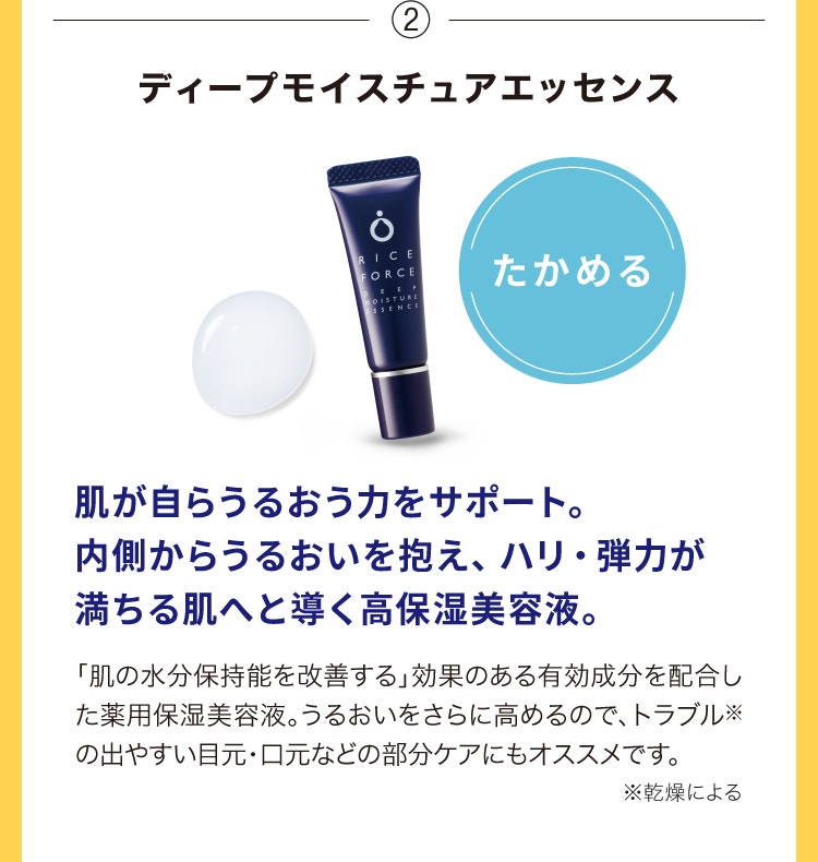 ②ディープモイスチュアエッセンス 肌が自らうるおう力をサポート。内側からうるおいを抱え、ハリ・弾力が満ちる肌へと導く高保湿美容液。「肌の水分保持能を改善する」効果のある有効成分を配合した薬用保湿美容液。うるおいをさらに高めるので、トラブル※の出やすい目元・口元などの部分ケアにもオススメです。※乾燥による