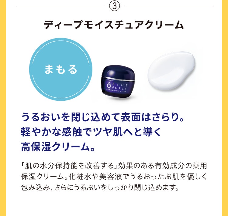 ③ディープモイスチュアクリーム うるおいを閉じ込めて表面はさらり。軽やかな感触でツヤ肌へと導く高保湿クリーム。「肌の水分保持能を改善する」効果のある有効成分の薬用保湿クリーム。化粧水や美容液でうるおったお肌を優しく包み込み、さらにうるおいをしっかり閉じ込めます。