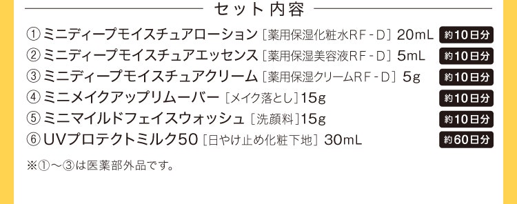 セット内容 ①ミニディープモイスチュアローション ②ミニディープモイスチュアエッセンス ③ミニディープモイスチュアクリーム ④ミニメイクアップリムーバー ⑤ミニマイルドフェイスウォッシュ ⑥UVプロテクトミルク50 ※①〜③は医薬部外品です。
