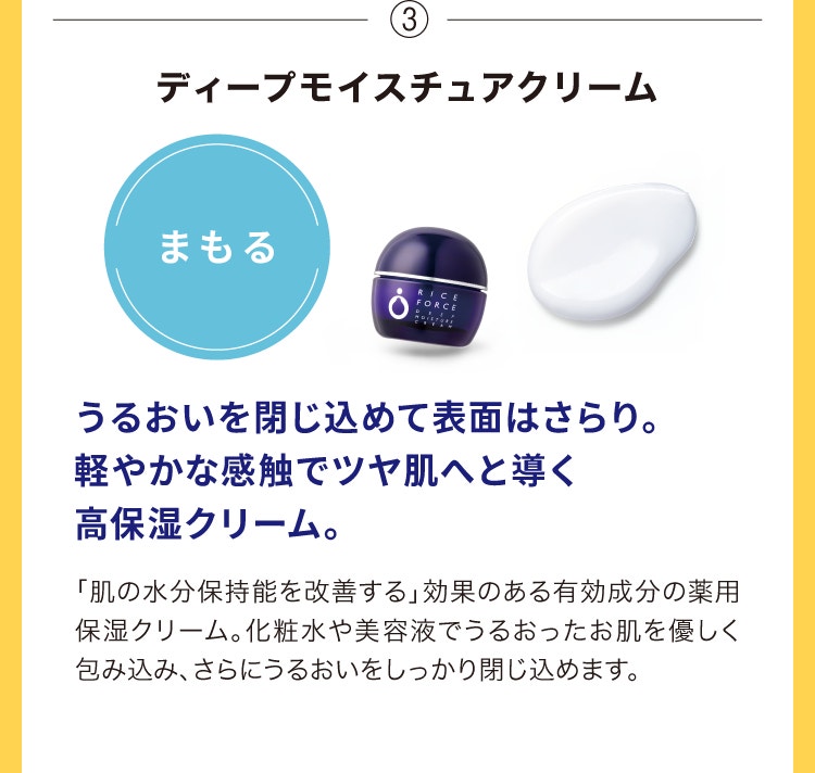 ③ディープモイスチュアクリーム うるおいを閉じ込めて表面はさらり。軽やかな感触でツヤ肌へと導く高保湿クリーム。「肌の水分保持能を改善する」効果のある有効成分の薬用保湿クリーム。化粧水や美容液でうるおったお肌を優しく包み込み、さらにうるおいをしっかり閉じ込めます。