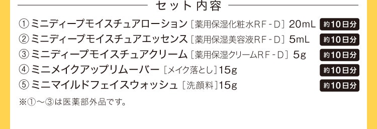 セット内容 ①ミニディープモイスチュアローション ②ミニディープモイスチュアエッセンス ③ミニディープモイスチュアクリーム ④ミニメイクアップリムーバー ⑤ミニマイルドフェイスウォッシュ ※①〜③は医薬部外品です。