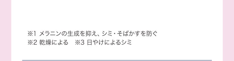 ※1 メラニンの生成を抑え、シミ・そばかすを防ぐ　※2 乾燥による　※3 日やけによるシミ