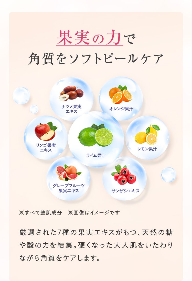 果実の力で角質をソフトピールケア／厳選された7種の果実エキスがもつ、天然の糖や酸の力を結集。硬くなった大人肌をいたわりながら角質をケアします。