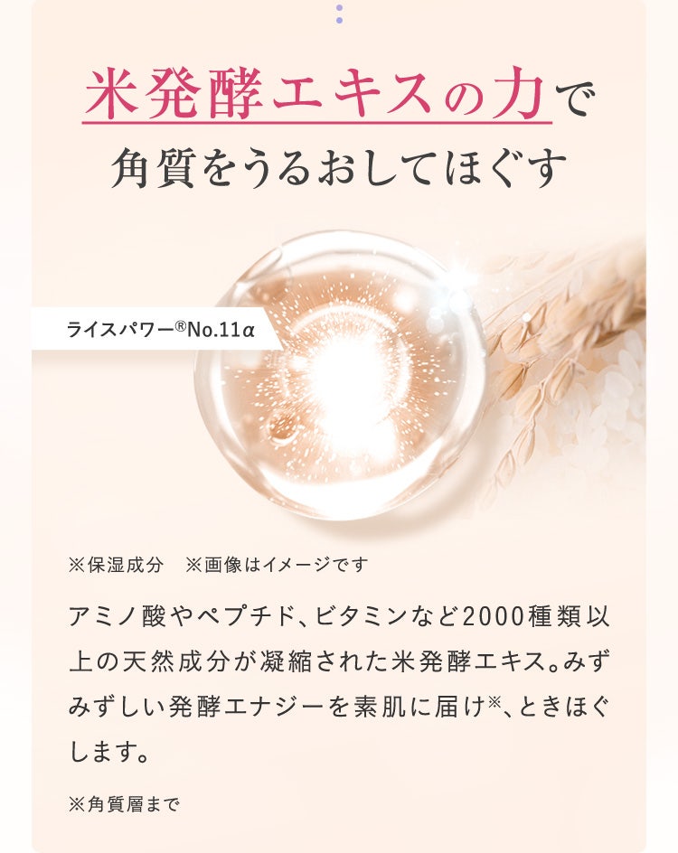 米発酵エキスの力で角質をうるおしてほぐす／アミノ酸やペプチド、ビタミンなど2000種類以上の天然成分が凝縮された米発酵エキス。みずみずしい発酵エナジーを素肌に届け、ときほぐします。