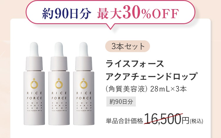【3本セット】ライスフォースアクアチェーンドロップ（角質美容液）28mL×3本［約90日分］単品合計価格16,500円（税込）／約90日分 最大30％OFF