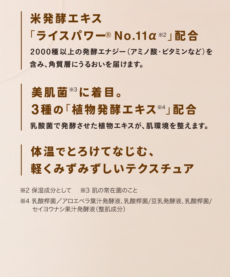 米発酵エキス「ライスパワー®︎ No.11α※2」配合 2000種以上の発酵エナジー(アミノ酸・ビタミンなど)を含み、角質層にうるおいを届けます。/美肌菌※3に着目。3種の「植物発酵エキス※4」配合 乳酸菌で発酵させた植物エキスが、肌環境を整えます。/体温でとろけてなじむ、軽くみずみずしいテクスチュア ※2 保湿成分として ※3 肌の常在菌のこと ※4 乳酸桿菌/アロエベラ葉汁発酵液、乳酸桿菌/豆乳発酵液、乳酸桿菌/セイヨウナシ果汁発酵液(整肌成分)