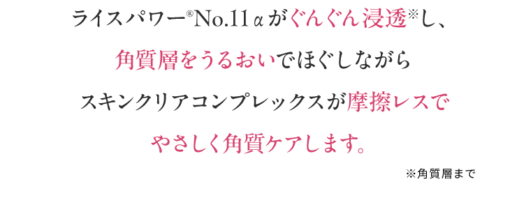 ライスパワー®No.11αがぐんぐん浸透※し、角質層をうるおいでほぐしながらスキンクリアコンプレックスが摩擦レスでやさしく角質ケアします。※角質層まで