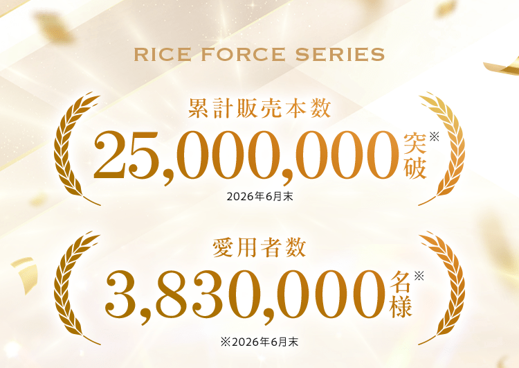 RICE FORCE SERIES 累計販売本数25,000,000突破※（2026年6月末） 愛用者数3,830,000名様※（2026年6月末）