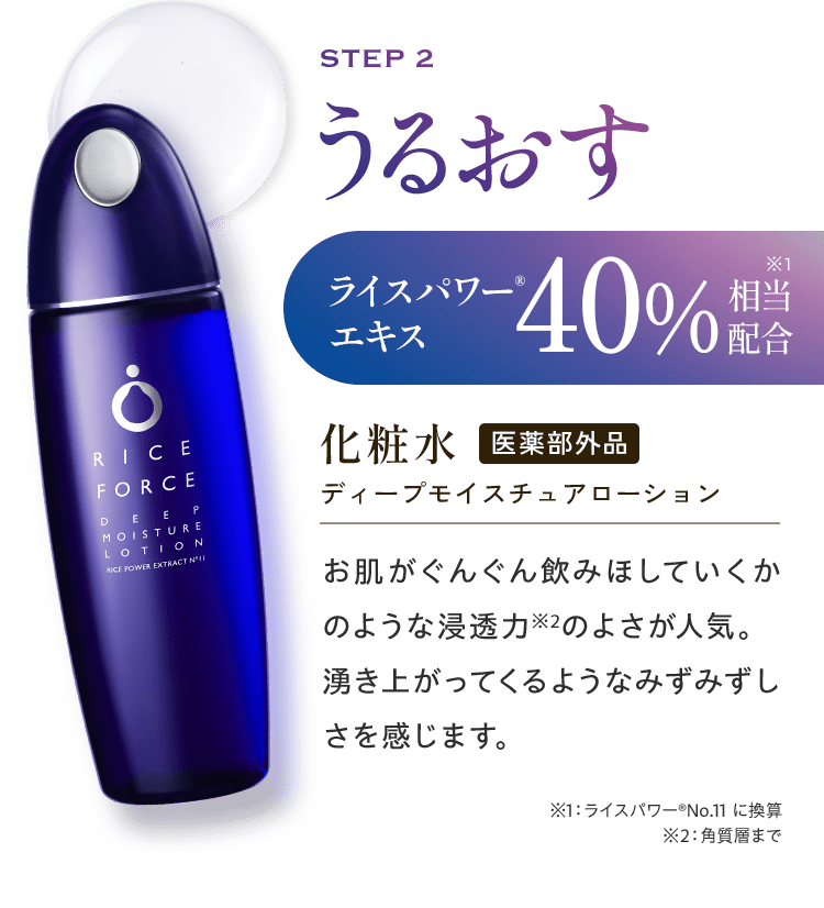 STEP2 うるおす ライスパワー®エキス40%相当※1配合 化粧水（医薬部外品） ディープモイスチュアローション お肌がぐんぐん飲みほしていくかのような浸透力※2のよさが人気。湧き上がってくるようなみずみずしさを感じます。※1 ライスパワー®No.11に換算　※2 角質層まで