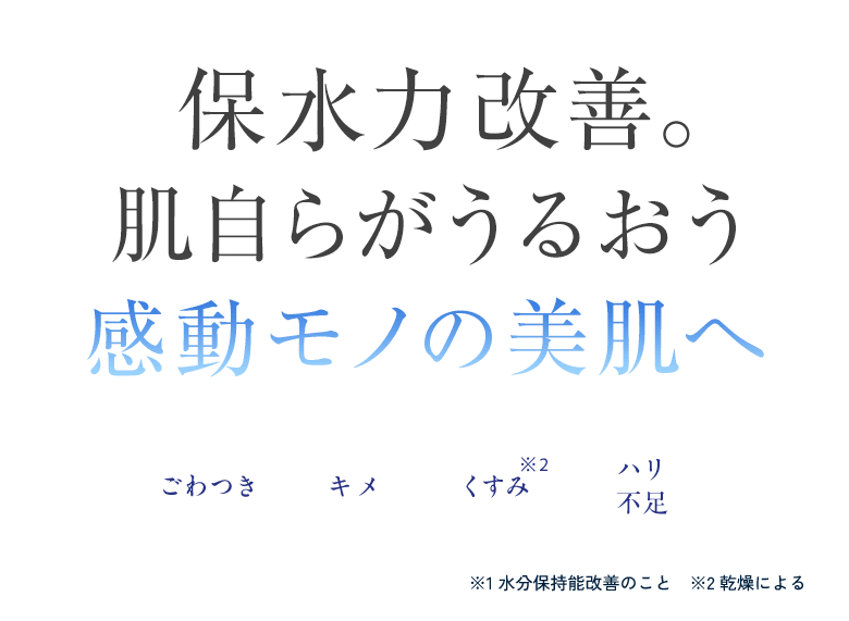 保水力改善。肌自らがうるおう 感動モノの美肌へ ごわつき キメ くすみ※2 ハリ 不足 ※1 水分保持能改善のこと　※2 乾燥による 医薬部外品 単品合計価格12,393円（税込）相当 ※本品容量から換算