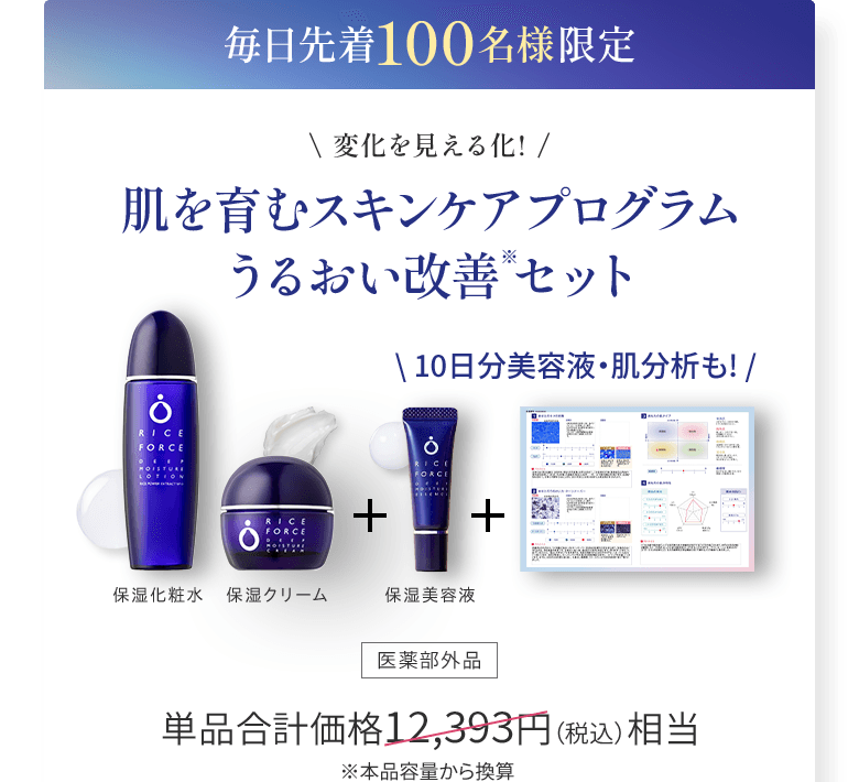 毎月先着100名様限定 \ 変化を見える化! / 肌を育むスキンケアプログラム うるおい改善※セット\ 10日分美容液・肌分析も! /