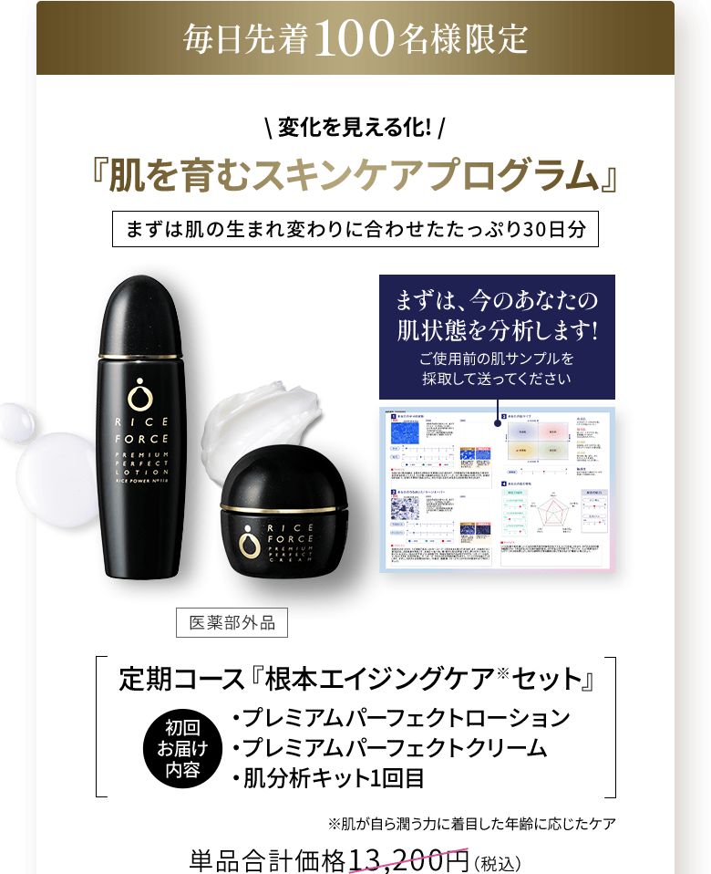毎月先着100名様限定 \ 変化を見える化! /  『肌を育むスキンケアプログラム』まずは肌の生まれ変わりに合わせたたっぷり30日分 まずは、今のあなたの 肌状態を分析します!ご使用前の肌サンプルを 採取して送ってください 定期コース『根本エイジングケア※セット』・プレミアムパーフェクトローション・プレミアムパーフェクトクリーム・肌分析キット1回目