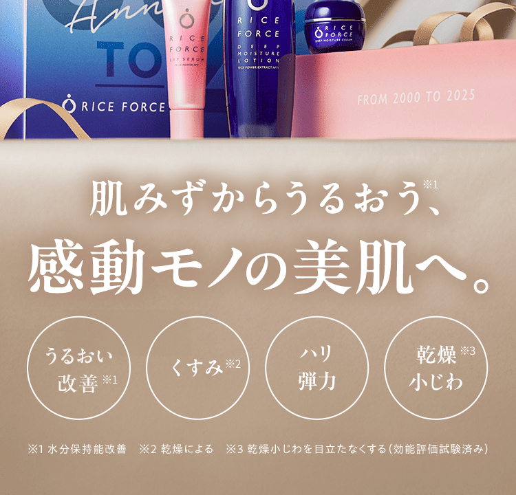 肌みずからうるおう、※1 感動モノの美肌へ。 うるおい 改善※1 くすみ※2 ハリ 弾力 乾燥 小じわ※3 ※1 水分保持能改善　※2 乾燥による　※3 乾燥小じわを目立たなくする（効能評価試験済み）