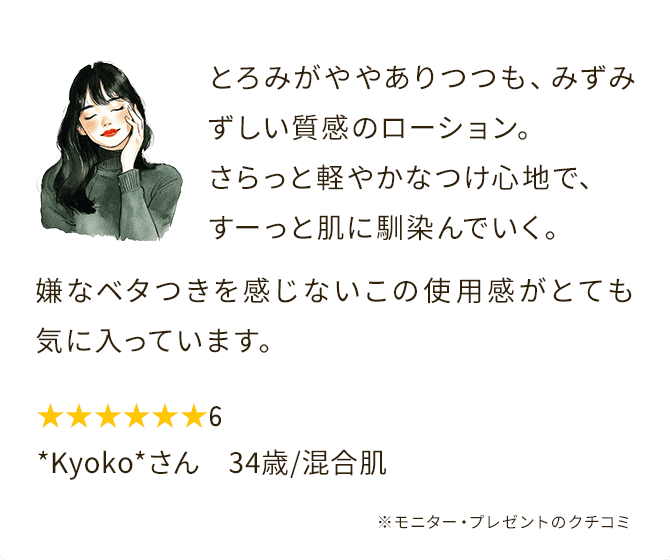 やとろみがややありつつも、みずみずしい質感のローション。さらっと軽やかなつけ心地で、すーっと肌に馴染んでいく。嫌なベタつきを感じないこの使用感がとても気に入っています。★★★★★★6 *Kyoko*さん　34歳/混合肌 ※モニター・プレゼントのクチコミ
