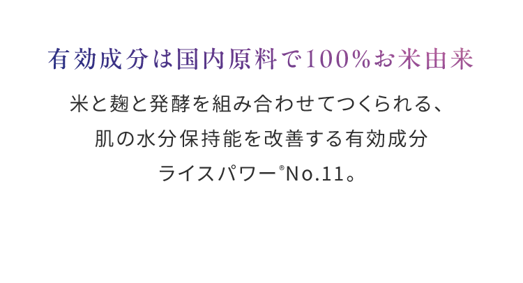 有効成分は国内原料で100％お米由来米と麹と発酵を組み合わせてつくられる、肌の水分保持能を改善する有効成分ライスパワー®No.11。