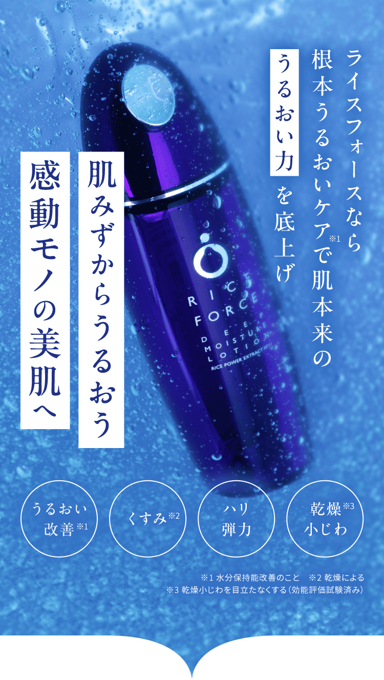 ライスフォースなら 根本うるおいケア※1で肌本来の  うるおい力 を底上げ 肌みずからうるおう 感動モノの美肌へ うるおい 改善※1 くすみ※2 ハリ 弾力 乾燥 小じわ※3 ※1 水分保持能改善のこと　※2 乾燥による ※3 乾燥小じわを目立たなくする（効能評価試験済み）