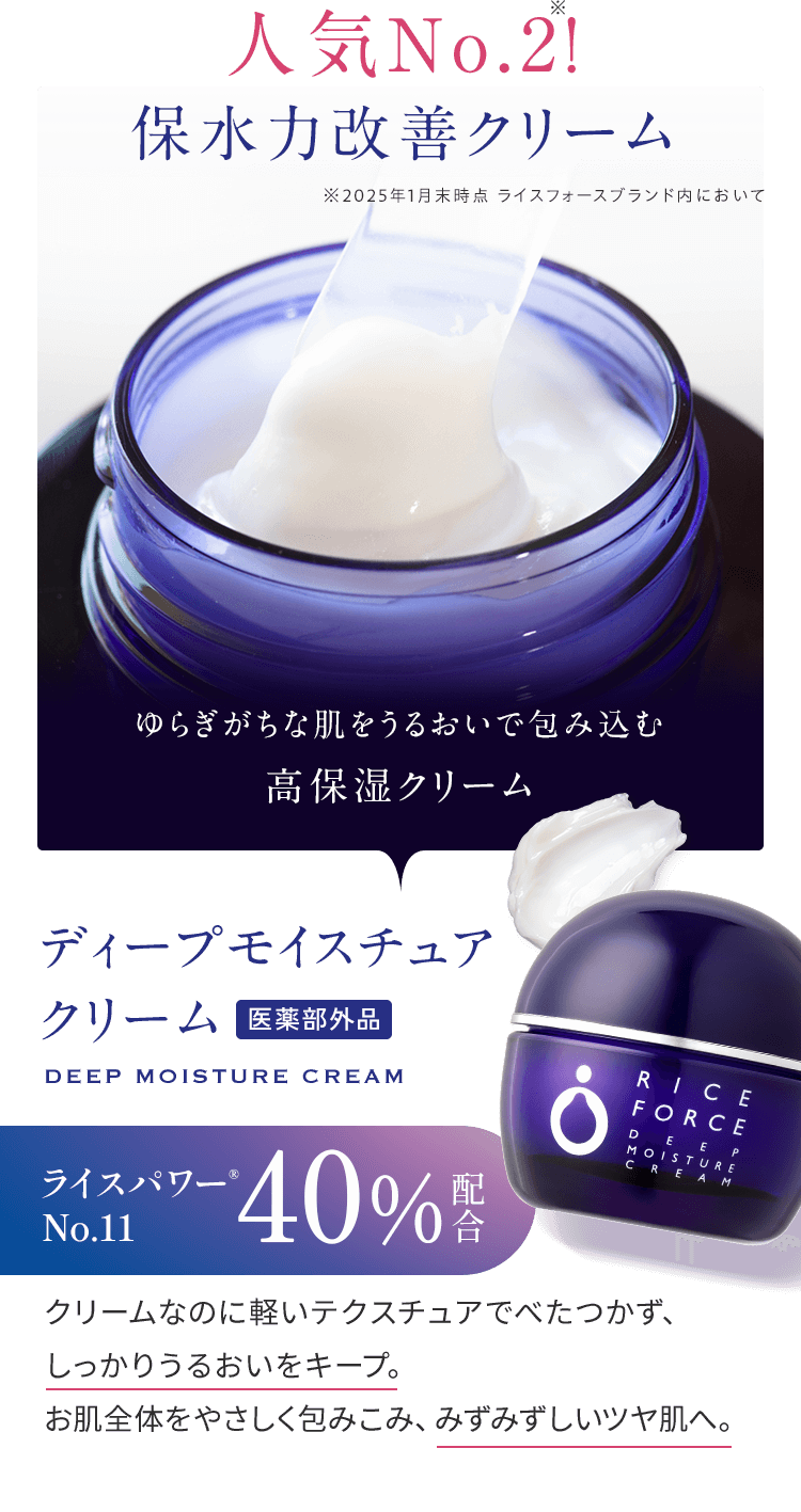 人気No.2※の 保水力改善クリーム ※2025年1月末時点 ライスフォースブランド内において ゆらぎがちな肌をうるおいで包み込む 高保湿クリーム ディープモイスチュア クリーム 医薬部外品 DEEP MOISTURE CREAM （薬用保湿クリームRF-D）クリームなのに軽いテクスチュアでべたつかず、しっかりうるおいをキープ。お肌全体をやさしく包みこみ、みずみずしいツヤ肌へ。