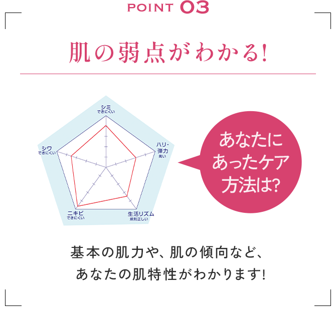 point 03 肌の弱点がわかる!基本の肌力や、肌の傾向など、あなたの肌特性がわかります!