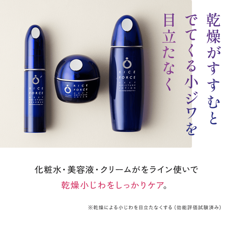 乾燥がすすむとでてくる 小じわを目立たなくする （効能評価試験済み） 乾燥小じわにしっかりうるおいを与える。さらに