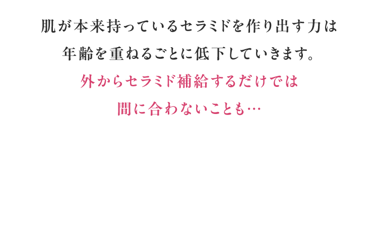 だからこそ 水分保持能改善効果のある ライスパワーNo.11 40%配合 与えるだけのケアではなく 不足しがちなセラミドを 自ら”生み出す”ことが必要です。