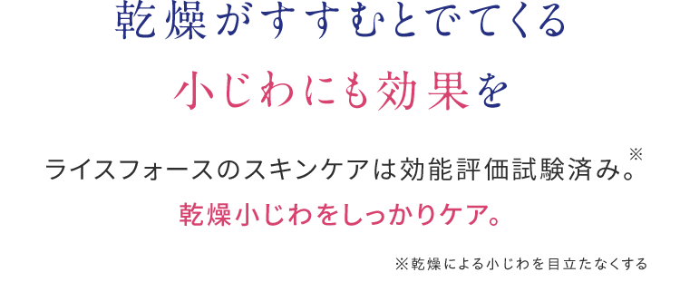 乾燥がすすむとでてくる小じわにも効果をライスフォースのスキンケアは効能評価試験済み。 乾燥小じわをしっかりケア。※乾燥による小じわを目立たなくする