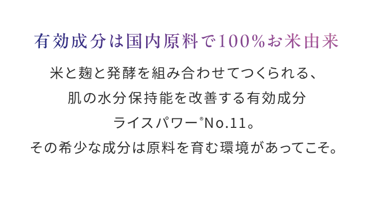 有効成分は国内原料で100％お米由来米と麹と発酵を組み合わせてつくられる、肌の水分保持能を改善する有効成分ライスパワー®No.11。その希少な成分は原料を育む環境があってこそ。