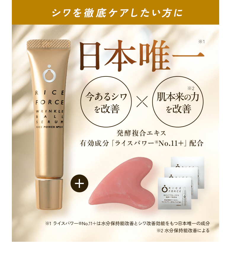 シワを徹底ケアしたい方に 日本唯一※1 今あるシワを改善×肌本来の力を改善※2 発酵複合エキス 有効成分「ライスパワー®No.11+」配合