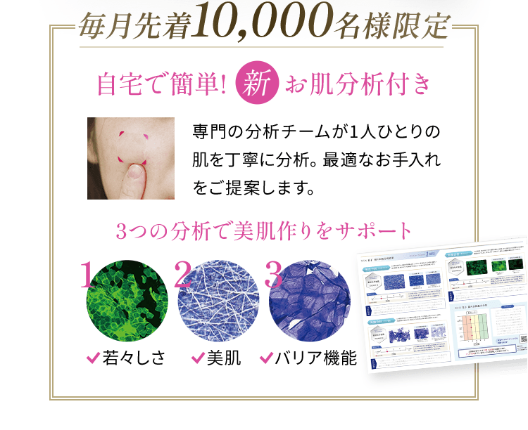 毎月先着10,000名様限定自宅で簡単!新お肌分析付き 専門の分析チームが1人ひとりの肌を丁寧に分析。最適なお手入れをご提案します。3つの分析で美肌作りをサポート1✓若々しさ2✓美肌3✓バリア機能