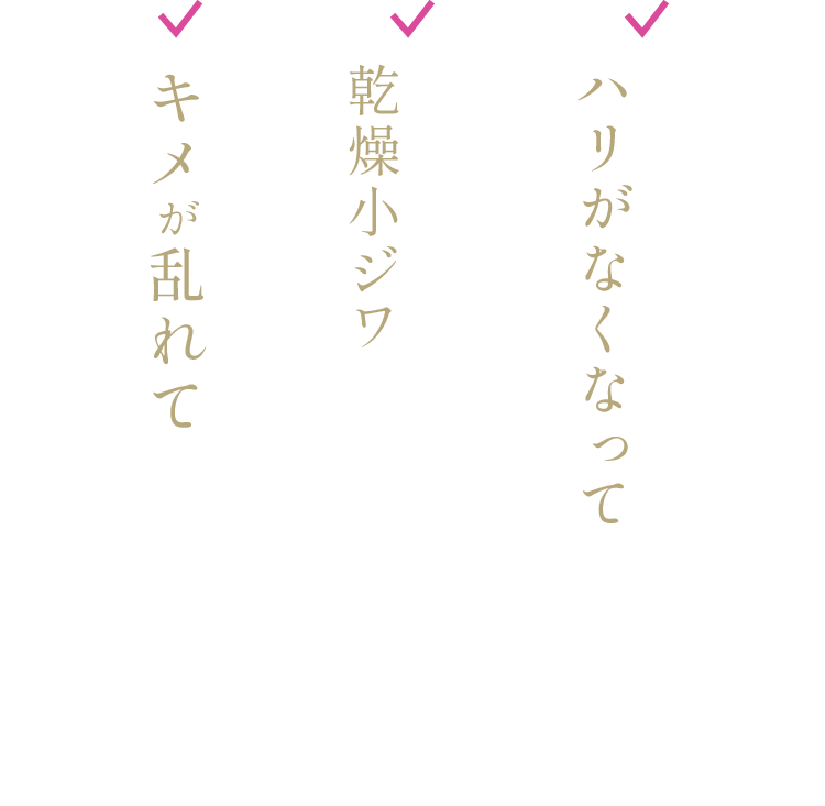 ✓若い頃のような ハリがなくなってきた…✓目元・口元の 乾燥小ジワが増えてきた…✓キメが乱れてきた…