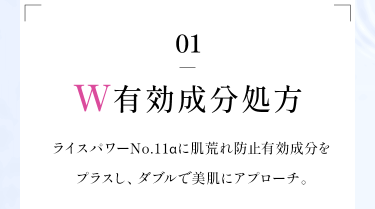 01W有効成分処方ライスパワーNo.11αに肌荒れ防止有効成分をプラスし、ダブルで美肌にアプローチ。