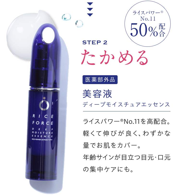 STEP 2 ライスパワー®No.11 40%配合 たかめる 医薬部外品 美容液 ディープモイスチュアエッセンス ライスパワー®No.11を高配合。軽くて伸びが良く、わずかな量でお肌をカバー。年齢サインが目立つ目元・口元の集中ケアにも。