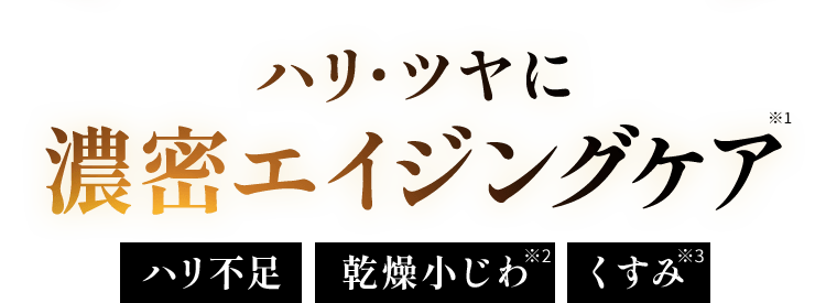 ハリ・ツヤに 濃密エイジングケア ハリ不足 乾燥小じわ くすみ ※1 年齢に応じたケア　※2 乾燥小じわを目立たなくする　※3 乾燥による