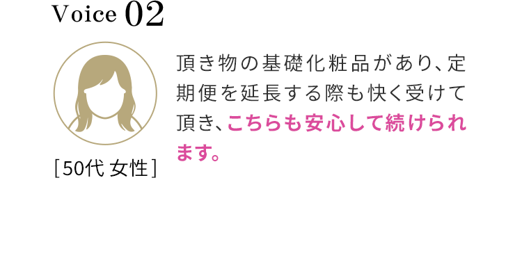 Voice 02 頂き物の基礎化粧品があり、定期便を延長する際も快く受けて頂き、こちらも安心して続けられます。