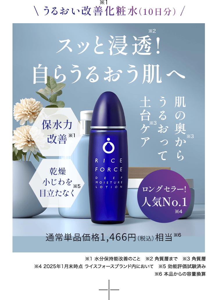 ※1\ うるおい改善化粧水（10日分） / スッと浸透!※2 自らうるおう肌へ 肌の奥から※3 うるおって 土台ケア※3 保水力改善※1 乾燥小じわを目立たなく※5 ロングセラー! 人気No.1※4 通常単品価格1,466円（税込）相当※6 ※1 水分保持能改善のこと　※2 角質層まで　※3 角質層 ※4 2025年1月末時点 ライスフォースブランド内において　※5効能評価試験済み　※6本品からの容量換算