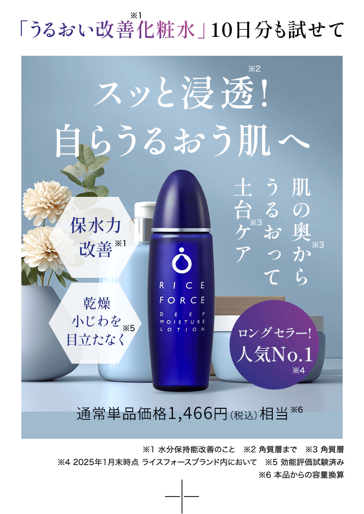 「うるおい改善化粧水」※1 10日分も試せて　スッと浸透※2! 自らうるおう肌へ 肌の奥から※3 うるおって 土台ケア※3 保水力改善※1 乾燥小じわを目立たなく※5 ロングセラー! 人気No.1※4 通常単品価格1,466円（税込）相当※6 ※1 水分保持能改善のこと　※2 角質層まで　※3 角質層 ※4 2025年1月末時点 ライスフォースブランド内において　※5効能評価試験済み　※6本品からの容量換算
