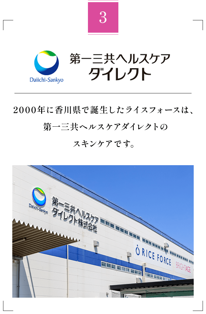 3 22000年に香川県で誕生したライスフォースは、 第一三共ヘルスケアダイレクトの スキンケアです。