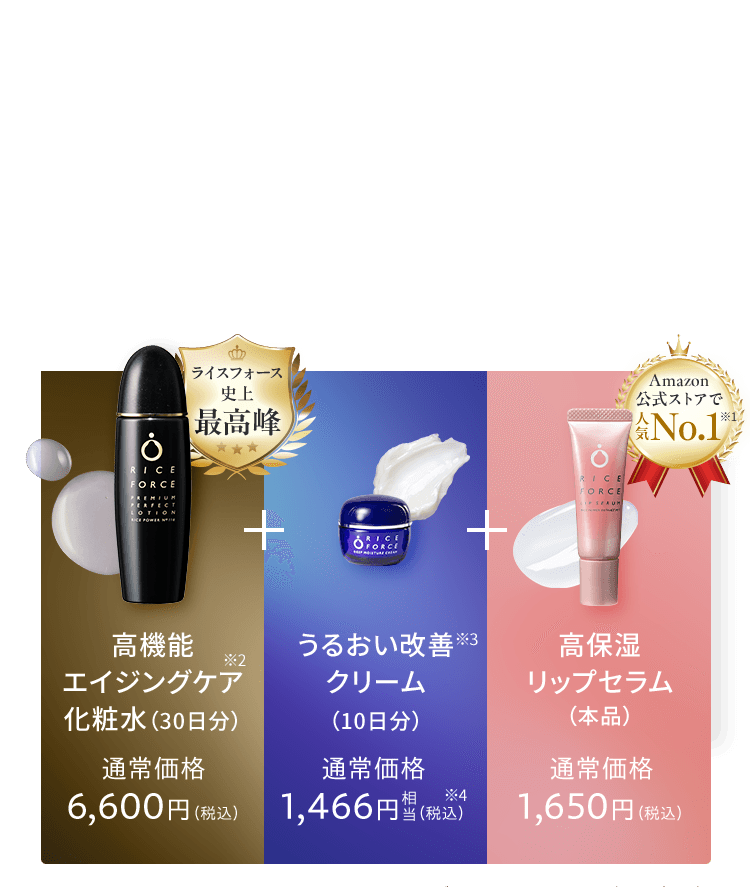 高機能 エイジングケア化粧水(30日分)通常価格 6,600円(税込)、うるおい改善 クリーム (10日分) 通常価格 1,466円 (税込)、高保湿 リップセラム (本品)通常価格 1,650円(税込)