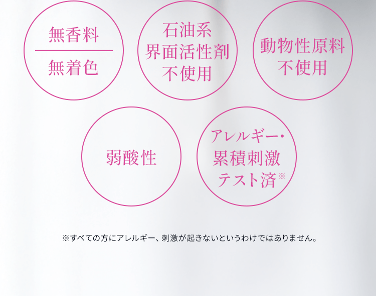 無香料無着色、石油系界面活性剤不使用、動物性原料不使用、弱酸性、アレルギー・累積刺激テスト済