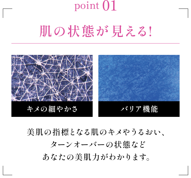 point 01 肌の状態が見える!美肌の指標となる肌のキメやうるおい、ターンオーバーの状態などあなたの美肌力がわかります。
