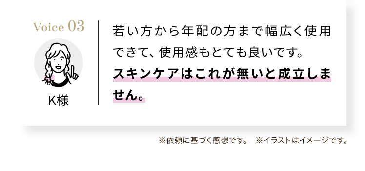 Voice03 若い方から年配の方まで幅広く使用できて、使用感もとても良いです。 スキンケアはこれが無いと成立しません。