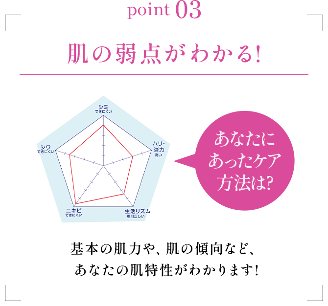 point 03 肌の弱点がわかる!基本の肌力や、肌の傾向など、あなたの肌特性がわかります!