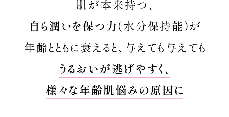 肌が本来持つ、自ら潤いを保つ力（水分保持能）が年齢とともに衰えると、与えても与えてもうるおいが逃げやすく、様々な年齢肌悩みの原因に