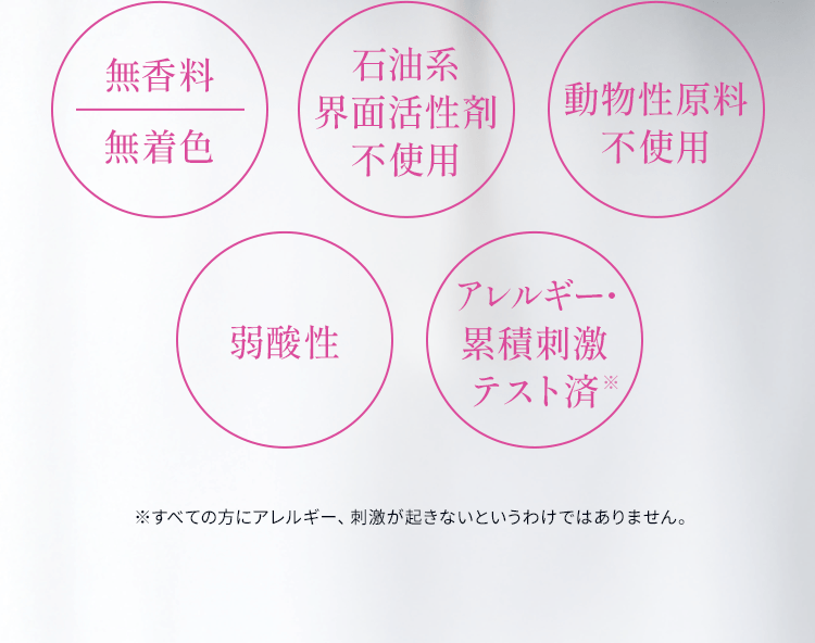 無香料無着色、石油系界面活性剤不使用、動物性原料不使用、弱酸性、アレルギー・累積刺激テスト済
