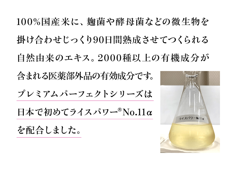 お米を発酵させ、じっくり90日間熟成、自然が本来もつ、美しさを育む力に長年の研究の成果を加えて生み出されたエキスです。プレミアムパーフェクトクリームは、日本で初めて「ライスパワー®No.11α」を配合しました。