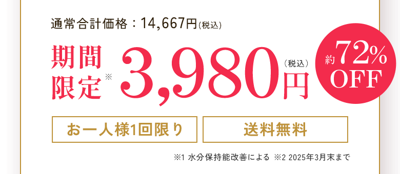 通常合計価格：14,667円(税込) 期間限定 3,980円(税込) 約72%OFF お一人様1回限り 送料無料 ※1水分保持能改善による ※2 2025年3月末まで