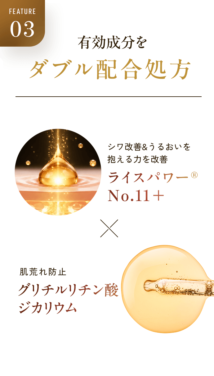 FEATURE03 有効成分をダブル配合処方 シワ改善&うるおいを抱える力を改善 ライスパワー®No.11+ × 肌荒れ防止 グリチルリチン酸ジカリウム