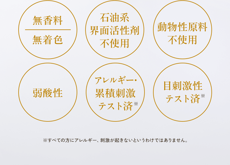 無香料 無着色 石油系界面活性剤不使用 動物性原料不使用 弱酸性 アレルギー・累積刺激テスト済※ 目刺激性テスト済※ ※すべての方にアレルギー、刺激が起きないというわけではありません。