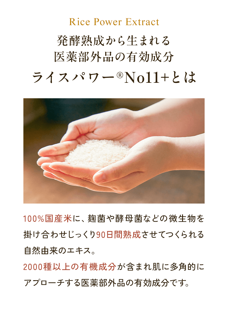 Rice Power Extract 発酵熟成から生まれる医薬部外品の有効成分 ライスパワー®No11+とは 100%国産米に、麹菌や酵母菌などの微生物を掛け合わせじっくり90日間熟成させてつくられる自然由来のエキス。2000種以上の有機成分が含まれ肌に多角的にアプローチする医薬部外品の有効成分です。