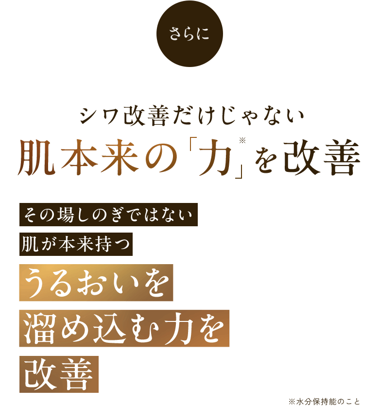さらに シワ改善だけじゃない 肌本来の「力」※を改善 その場しのぎではない 肌が本来持つ うるおいを溜め込む力を改善 ※水分保持能のこと