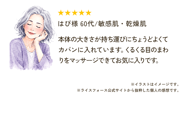 ★★★★★ はぴ様 60代/敏感肌・乾燥肌 本体の大きさが持ち運びにちょうどよくてカバンに入れています。くるくる目のまわりをマッサージできてお気に入りです。 ※イラストはイメージです。 ※ライスフォース公式サイトから抜粋した個人の感想です。